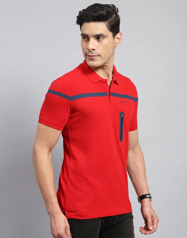 Men Red Solid Collar Half Sleeve T-Shirt