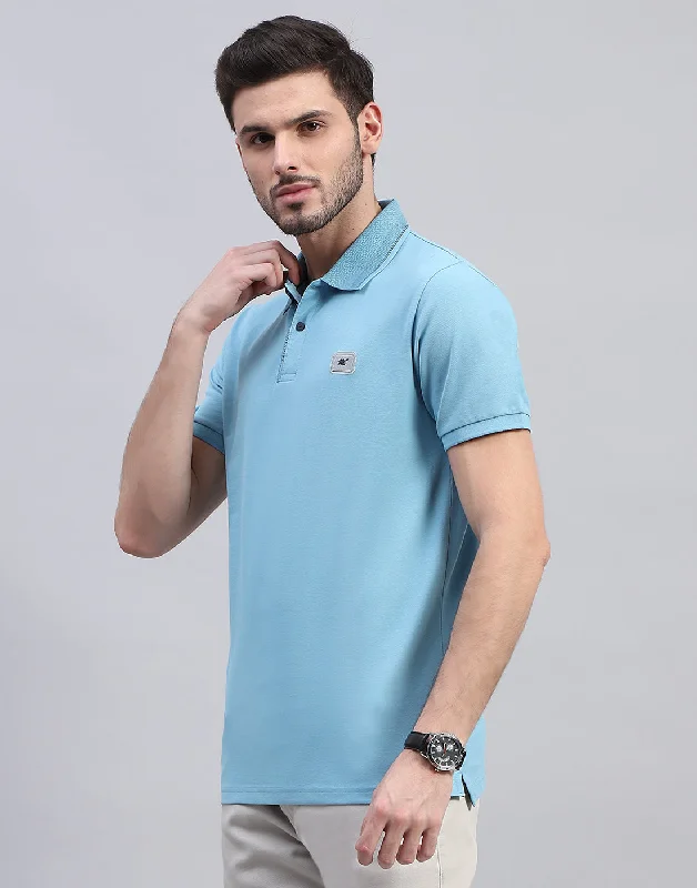 Men Sky Blue Solid Polo Collar Half Sleeve T-Shirt