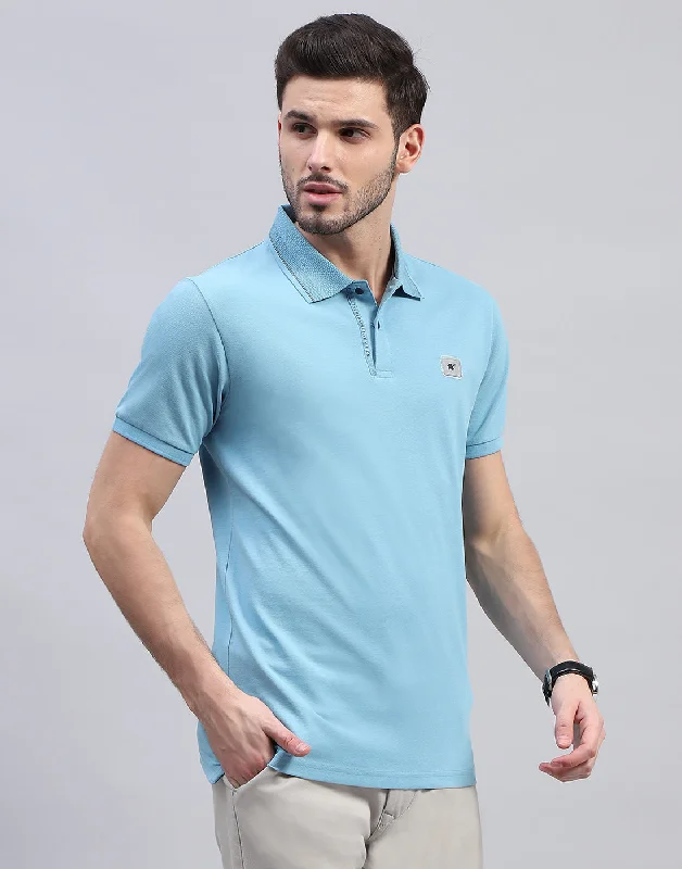 Men Sky Blue Solid Polo Collar Half Sleeve T-Shirt