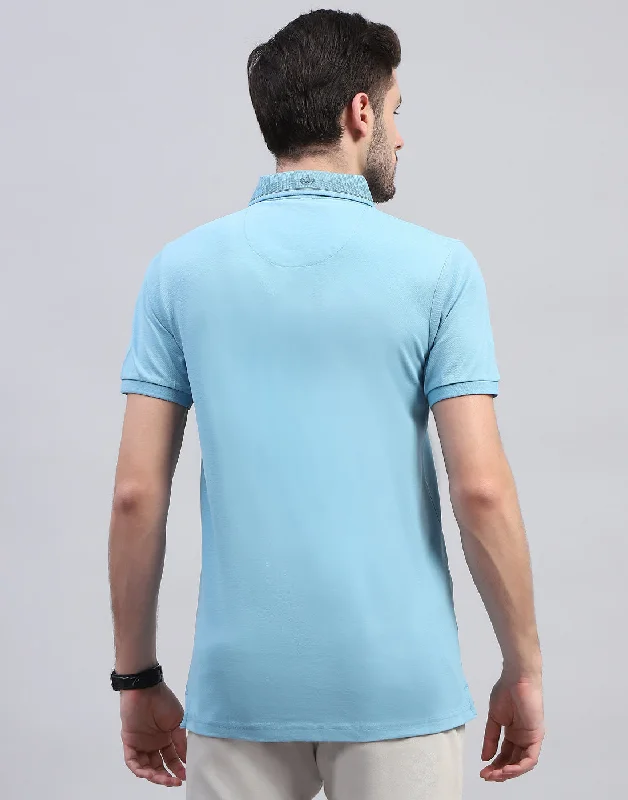 Men Sky Blue Solid Polo Collar Half Sleeve T-Shirt