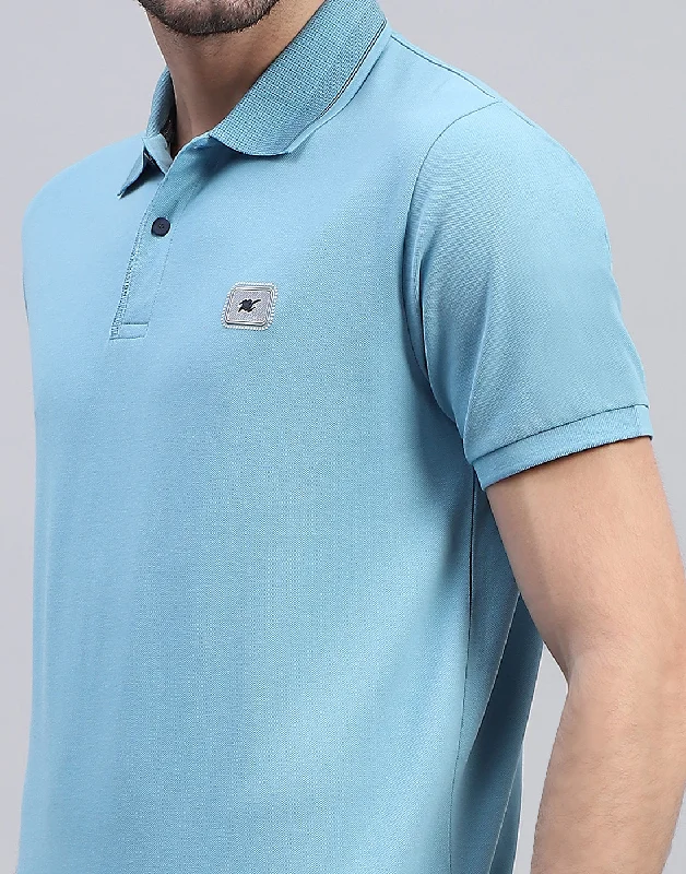 Men Sky Blue Solid Polo Collar Half Sleeve T-Shirt