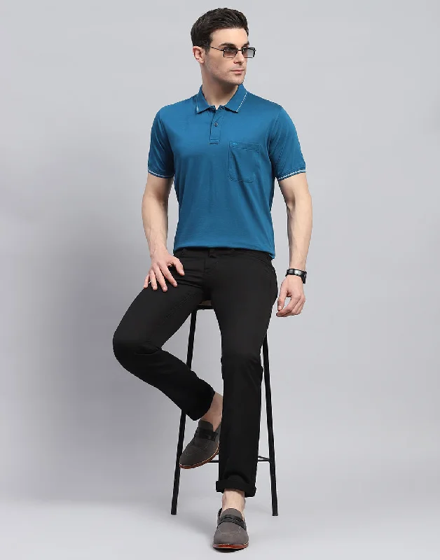 Men Teal Blue Solid Polo Collar Half Sleeve T-Shirt