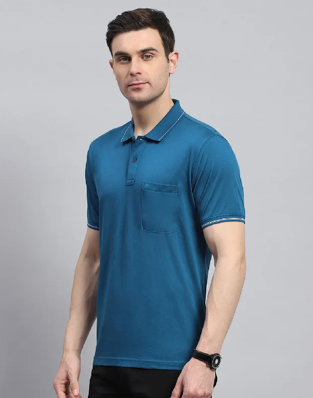 Men Teal Blue Solid Polo Collar Half Sleeve T-Shirt