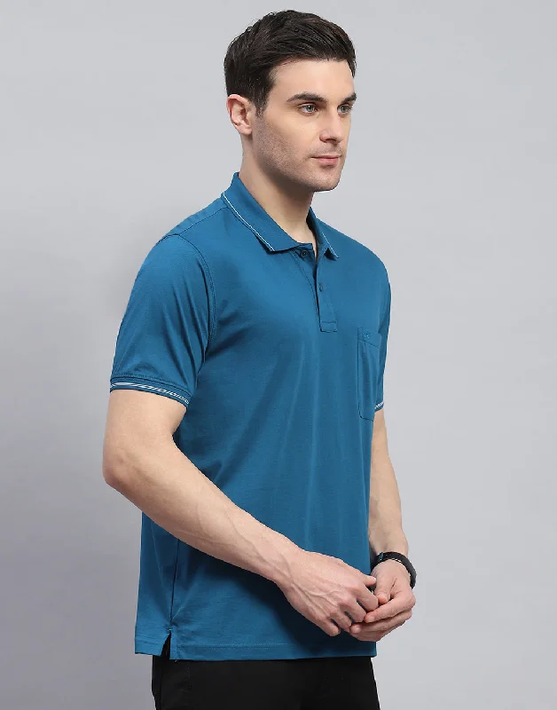 Men Teal Blue Solid Polo Collar Half Sleeve T-Shirt