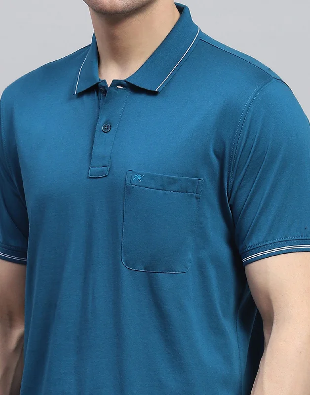 Men Teal Blue Solid Polo Collar Half Sleeve T-Shirt