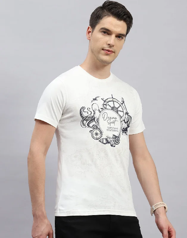 Men White Printed Round Neck Half Sleeve T-Shirt