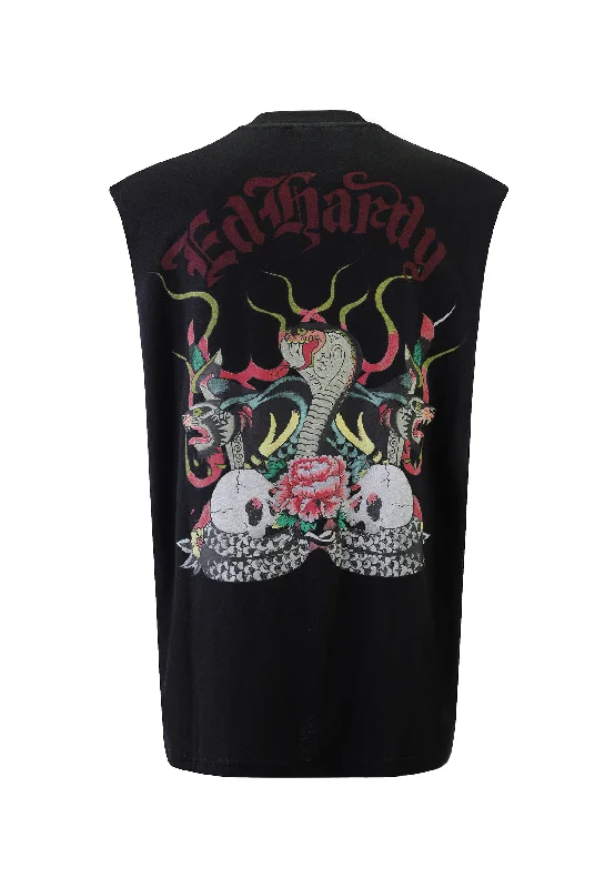 Mens Snake & Skull In Flames Sleeveless Tshirt - Black