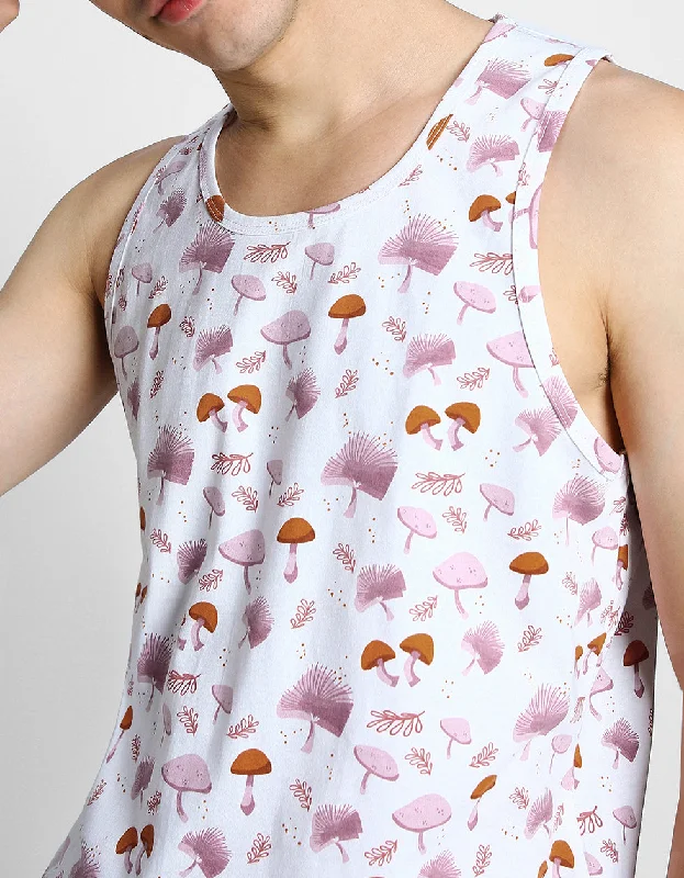 White & Pink Mushroom Printed Gym Vest