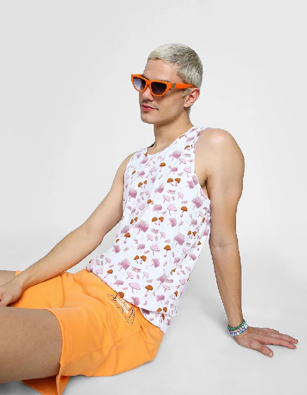 White & Pink Mushroom Printed Gym Vest