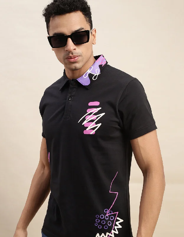 Zigzag Black Pocket Graphic Printed Polo T-shirt