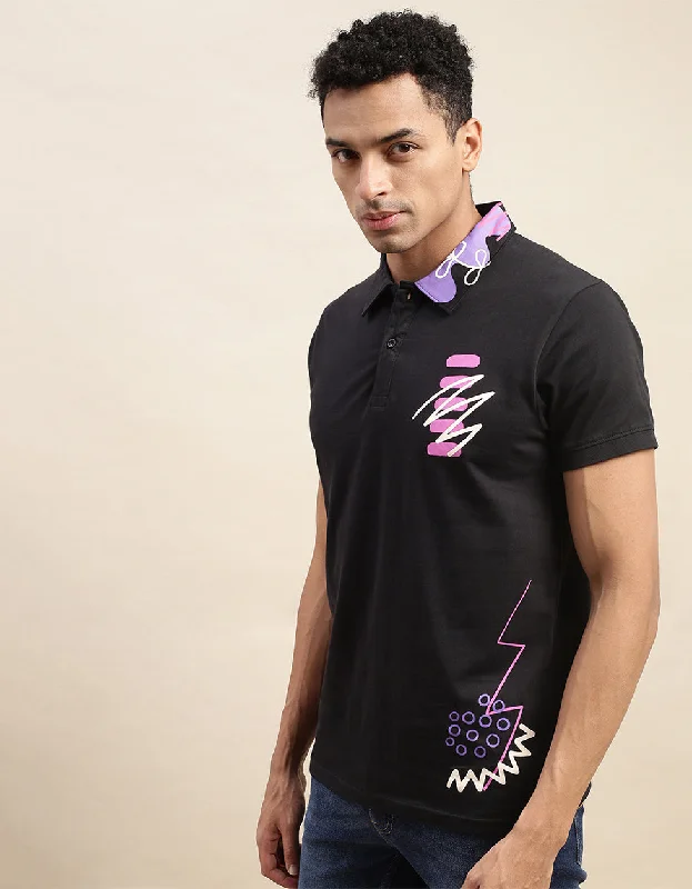 Zigzag Black Pocket Graphic Printed Polo T-shirt