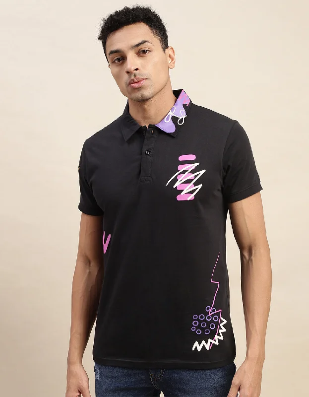 Zigzag Black Pocket Graphic Printed Polo T-shirt