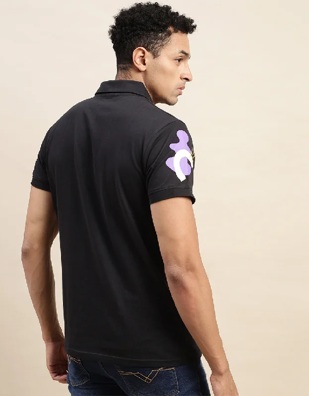 Zigzag Black Pocket Graphic Printed Polo T-shirt