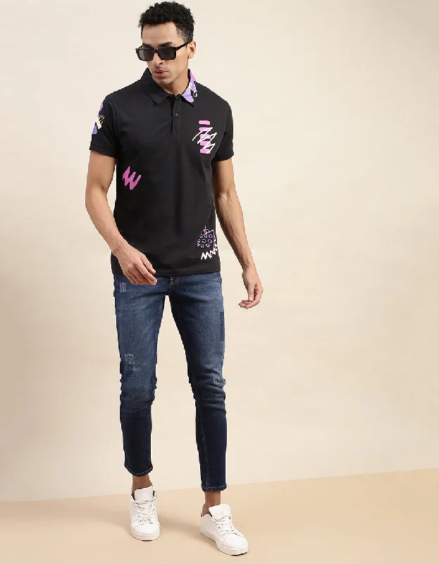 Zigzag Black Pocket Graphic Printed Polo T-shirt