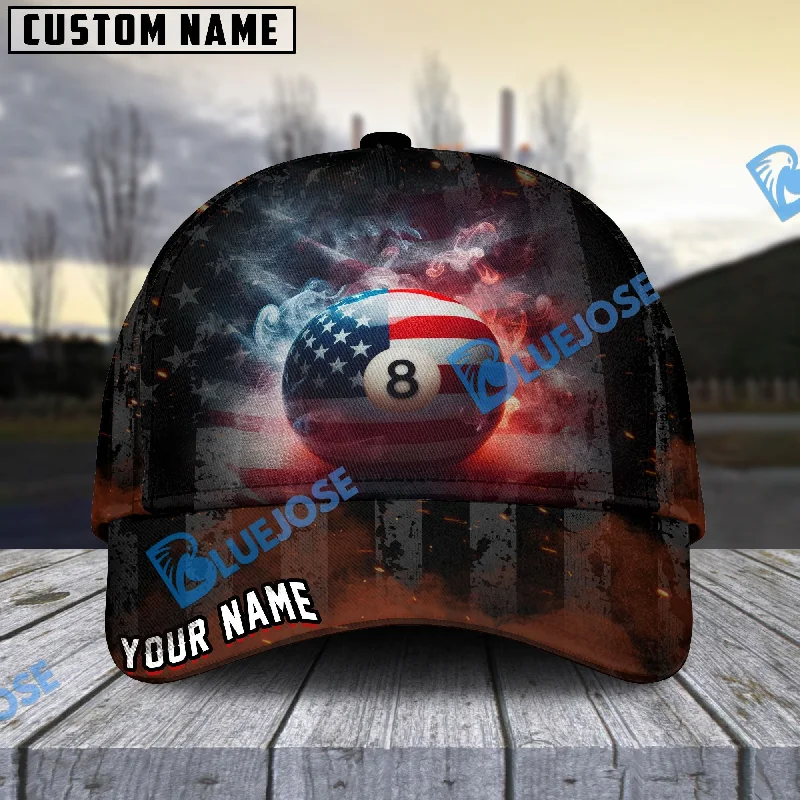 BlueJose Billiards Ball 8 Smoke American Flag Personalized Name Cap