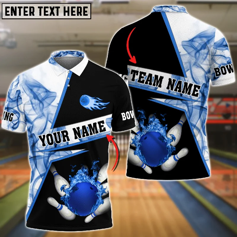 BlueJose Bowling Flame Blue Smoke Pattern Premium Customized Name 3D Shirt