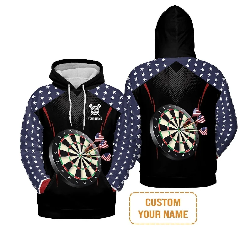 BlueJose Darts American Flag Black Background Custom Name Hoodie