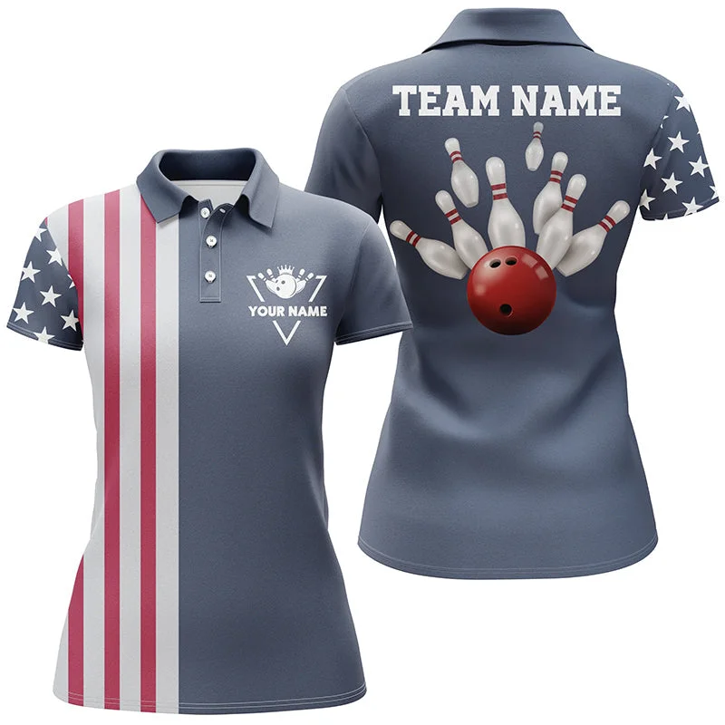 BlueJose Vintage Bowling American Flag Patriotic Bowling Classic Customized Name 3D Shirt For Women