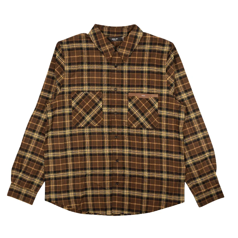 Brown Leather Logo Flannel Button Down Shirt