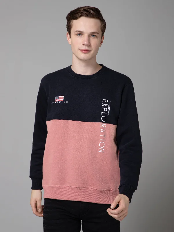 Cantabil Color Blocked Dark Pink Full Sleeves Rounded Neck Regular Fit Casual Sweatshirt for Men