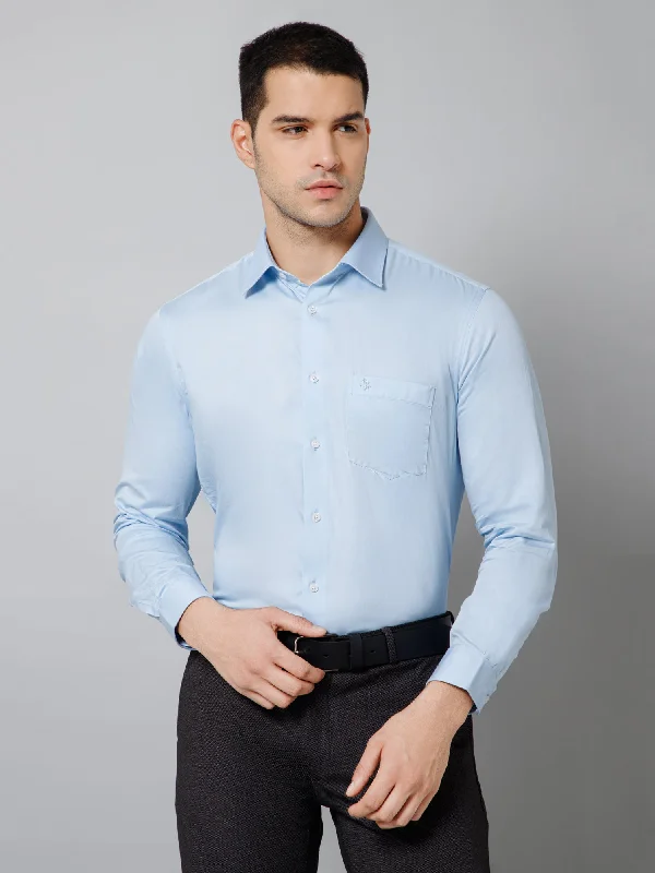 Cantabil Cotton Solid Full Sleeve Regular Fit Sky Blue Party Wear Shirt for Men with Pocket