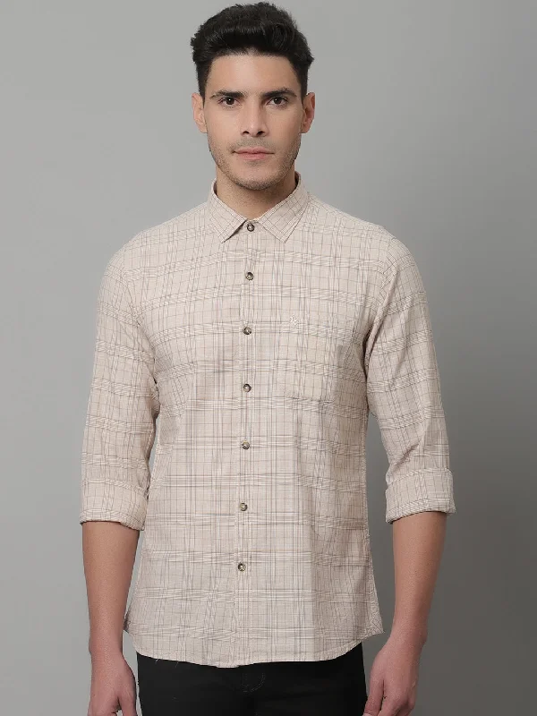 Cantabil Cotton Checkered Beige Full Sleeve Casual Shirt for Men with Pocket