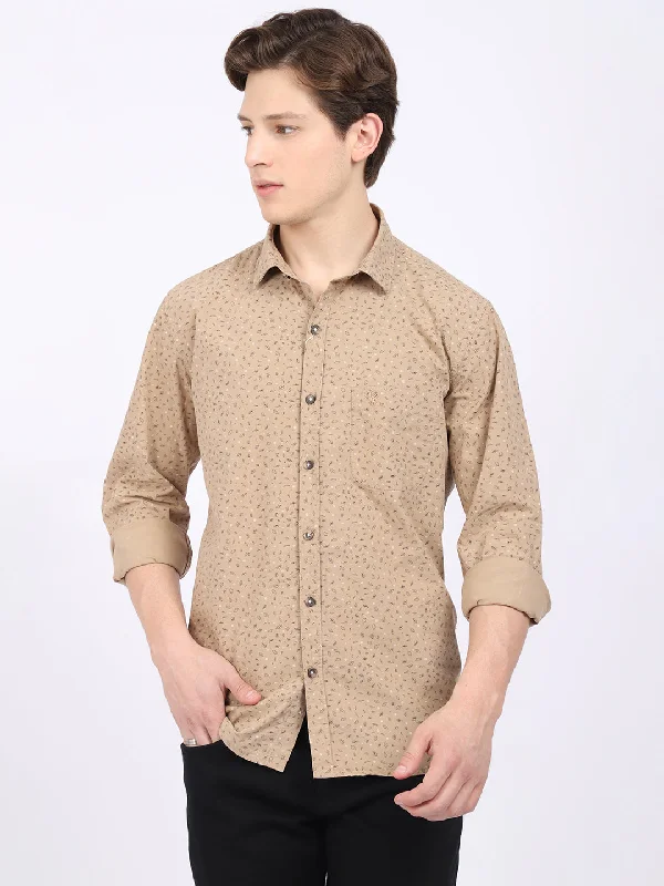 Cantabil Cotton Printed Khaki Full Sleeve Casual Shirt for Men with Pocket