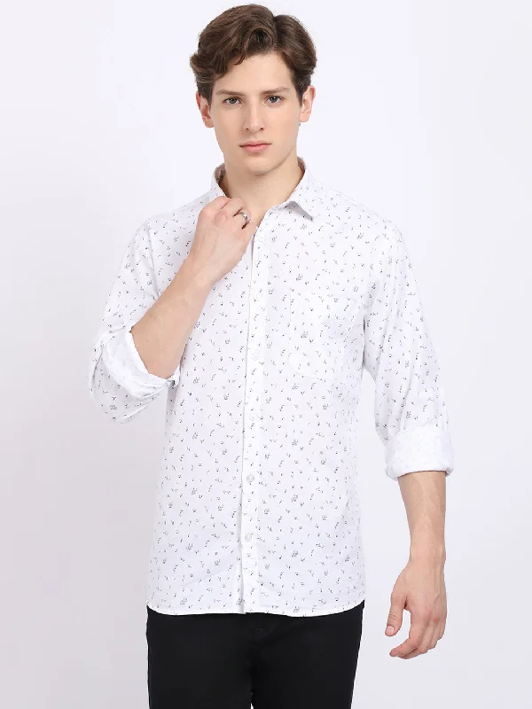 Cantabil Cotton Printed White Full Sleeve Casual Shirt for Men with Pocket