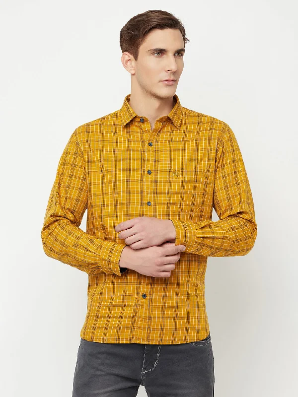 Cantabil Cotton Checkered Mustard Full Sleeve Casual Shirt for Men with Pocket