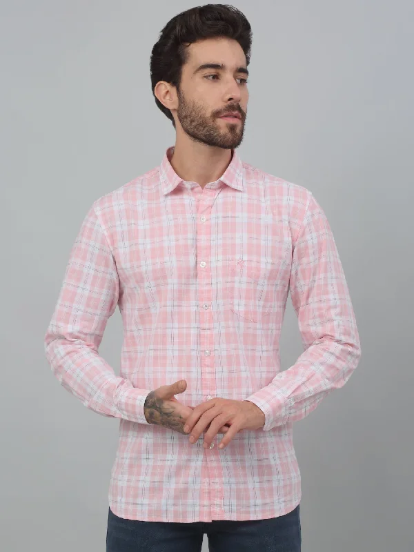 Cantabil Pink Checkered Full Sleeve Casual Shirt For Men