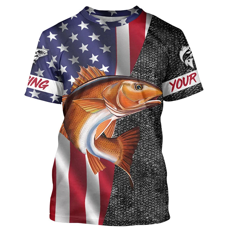 BlueJose Custom American Flag Patriotic Redfish Fishing Shirt