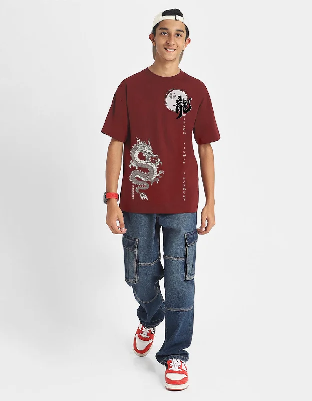 Dragon Maroon Oversized Graphic Front Printed Boys T-shirt