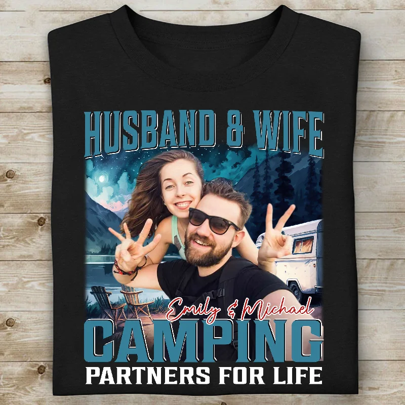 Husband & Wife Camping Partners For Life, Live Preview Personalized Couples Shirt, Custom Valentines Photo Shirt C870