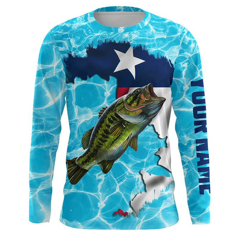 Bluejose Texas Bass Fishing Texas Flag Custom Name Blue Water Camo Fishing Long Sleeve, Long Sleeve Hooded