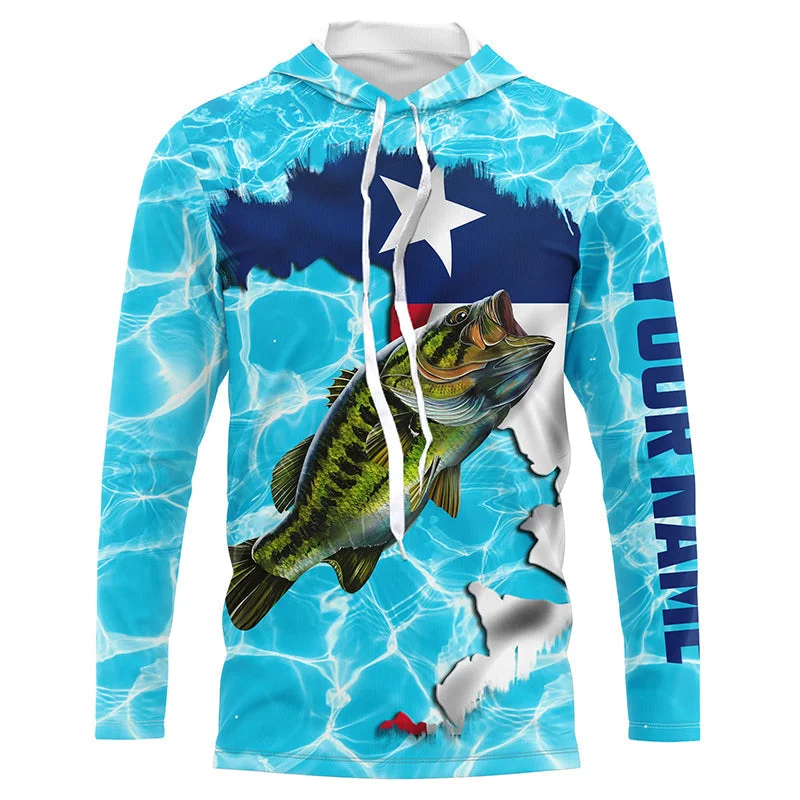 Bluejose Texas Bass Fishing Texas Flag Custom Name Blue Water Camo Fishing Long Sleeve, Long Sleeve Hooded