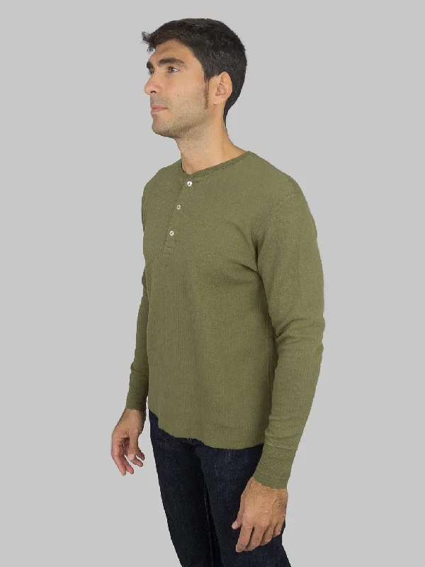 Loop & Weft Double Face Jacquard Henley Thermal Army Olive