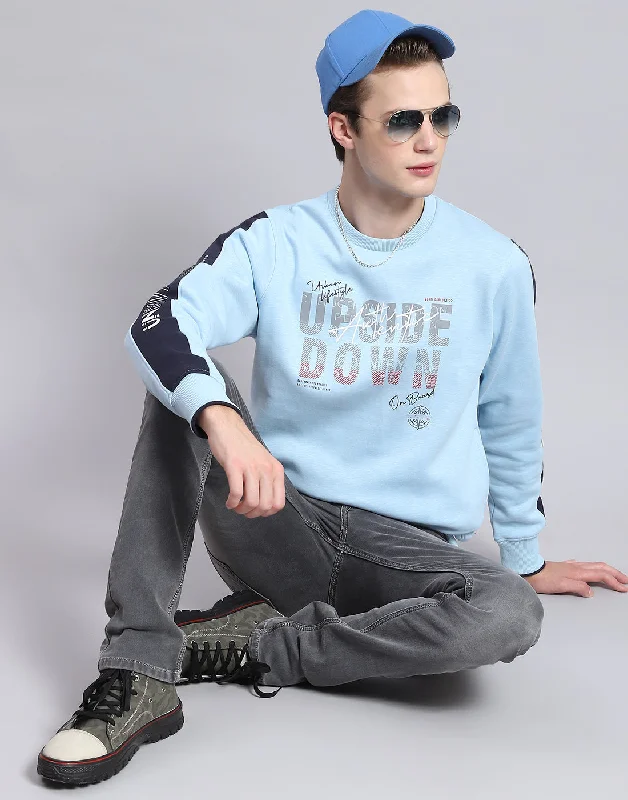 Men Blue Printed Round Neck Full Sleeve Sweatshirt