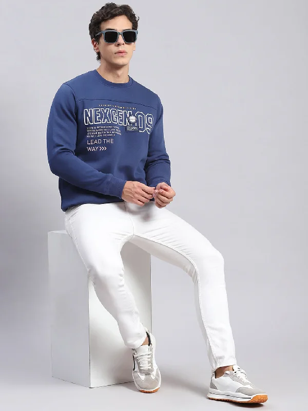 Men Blue Printed Round Neck Full Sleeve Sweatshirts