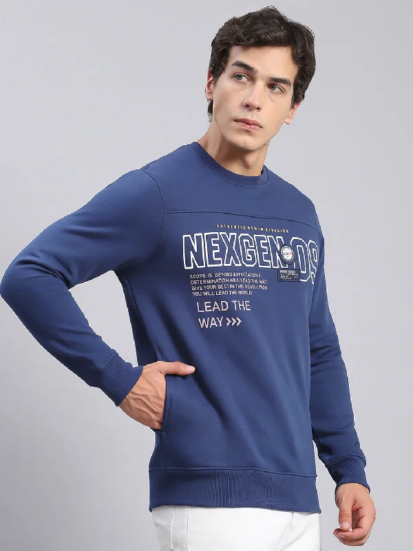 Men Blue Printed Round Neck Full Sleeve Sweatshirts