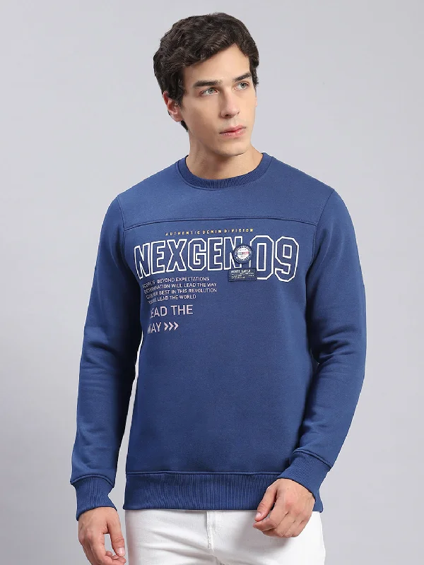 Men Blue Printed Round Neck Full Sleeve Sweatshirts