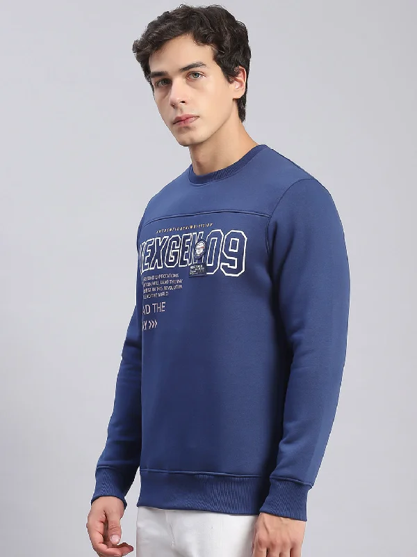 Men Blue Printed Round Neck Full Sleeve Sweatshirts