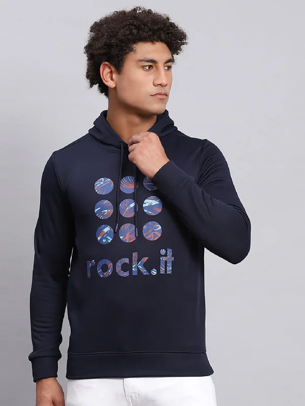 Men Navy Blue Printed Hooded Full Sleeve Sweatshirt