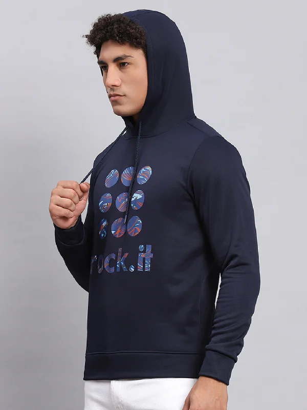 Men Navy Blue Printed Hooded Full Sleeve Sweatshirt