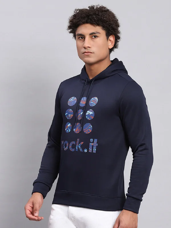 Men Navy Blue Printed Hooded Full Sleeve Sweatshirt