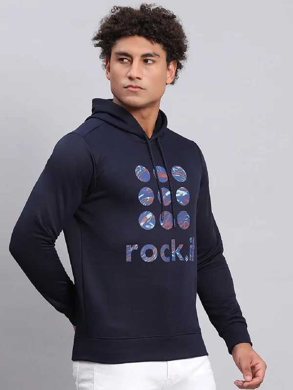 Men Navy Blue Printed Hooded Full Sleeve Sweatshirt