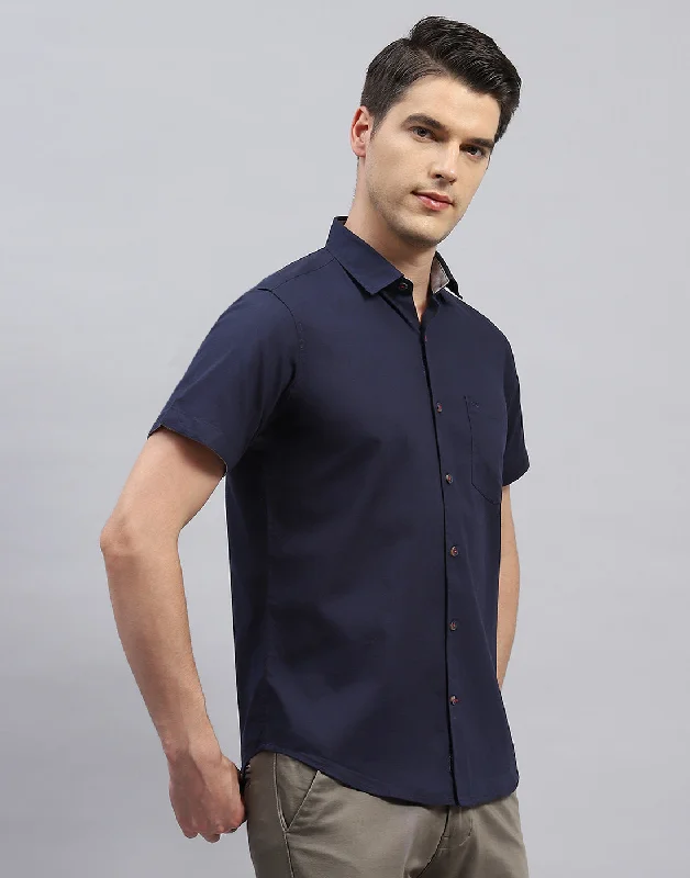 Men Navy Blue Solid Collar Half Sleeve Shirt