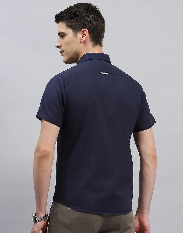 Men Navy Blue Solid Collar Half Sleeve Shirt