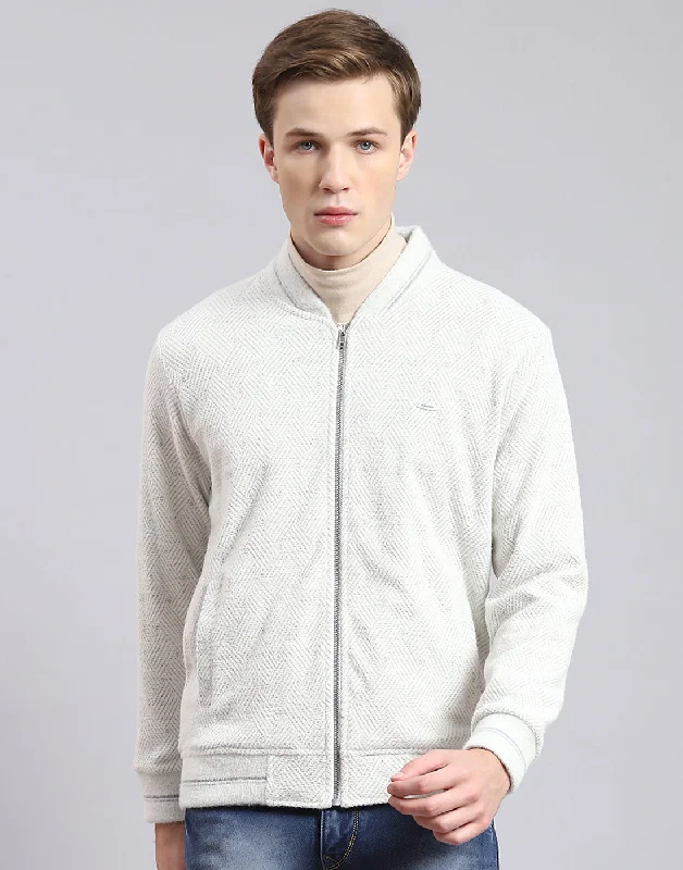 Men Off White Solid Mandarin Collar Full Sleeve Sweatshirt