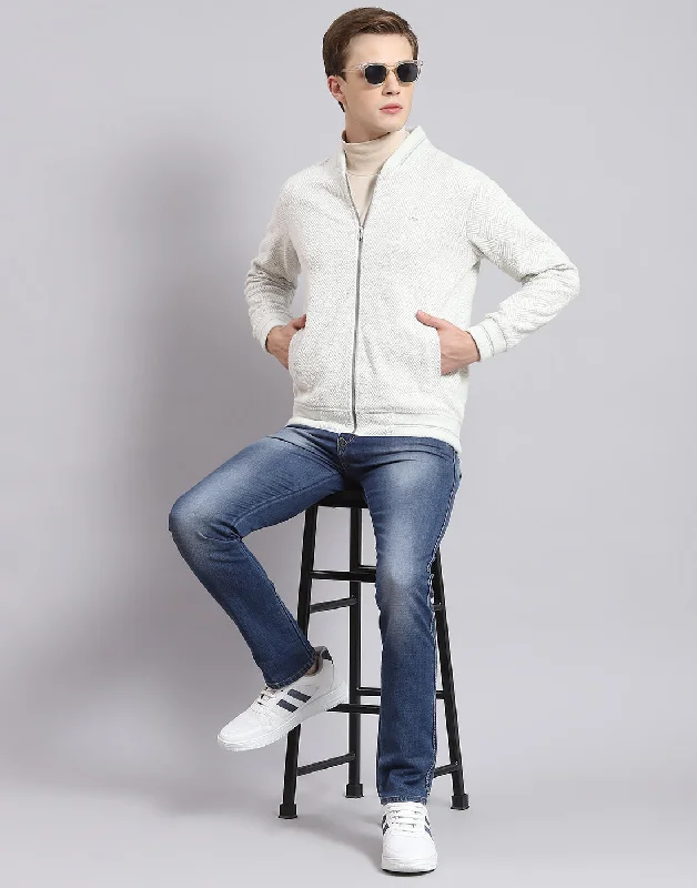 Men Off White Solid Mandarin Collar Full Sleeve Sweatshirt