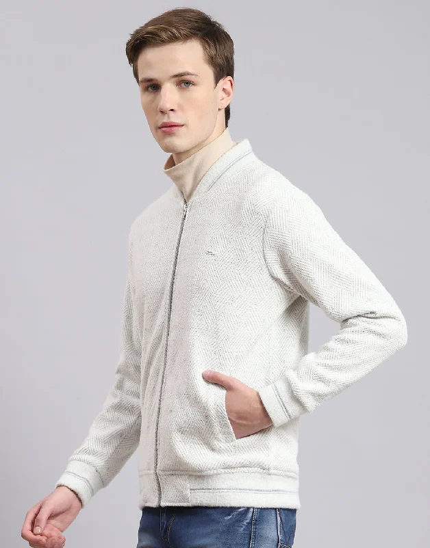 Men Off White Solid Mandarin Collar Full Sleeve Sweatshirt